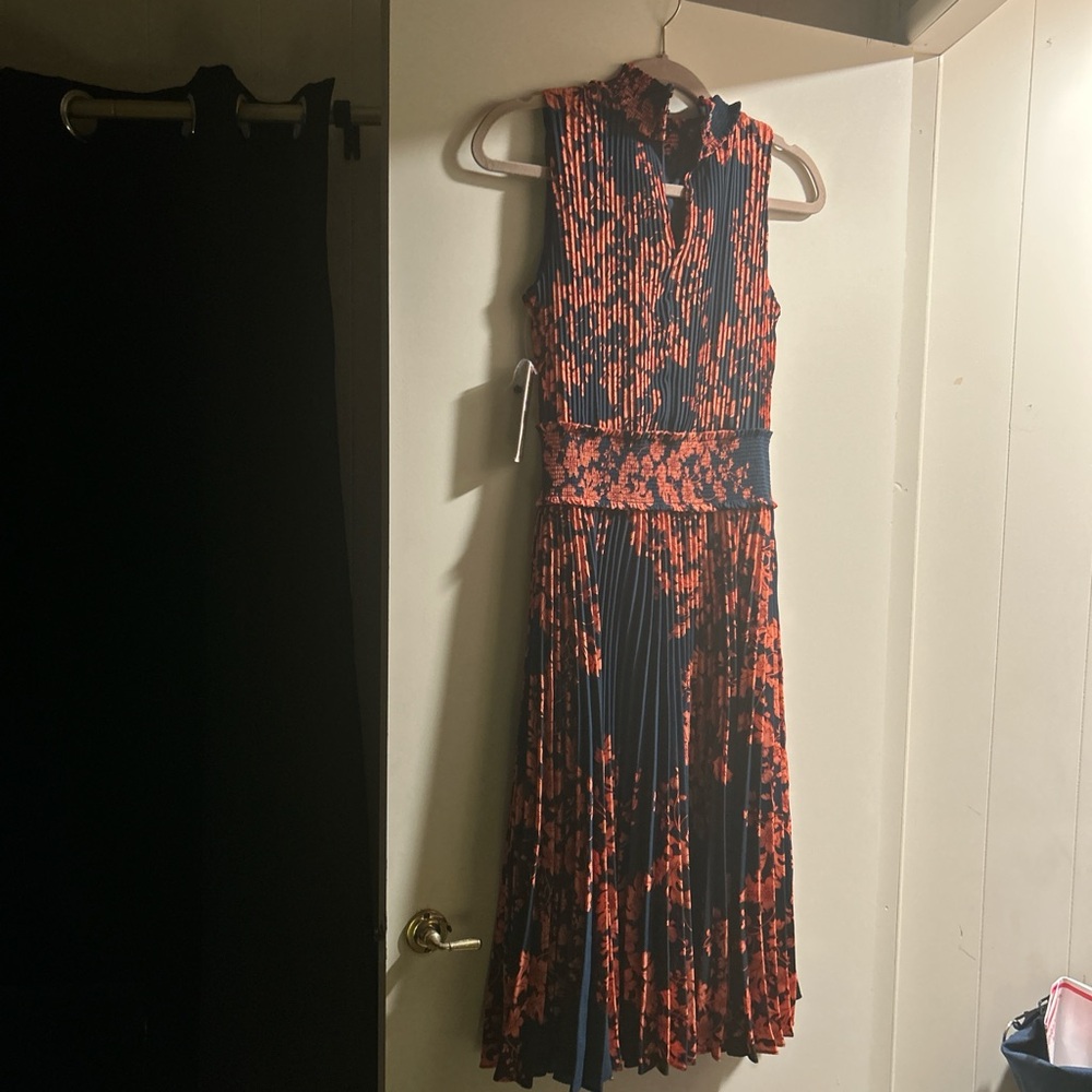 Nanette Lepore Blue and Orange Pleated Midi Dress Halter A-Line